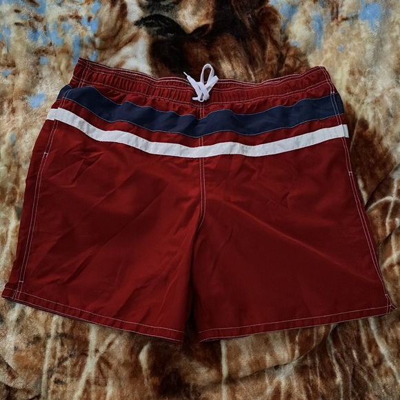 Merona Red Stripes Swim Trunks Swimwear Mesh Lining Elastic Drawstring XXL 44/46 - Picture 11 of 16